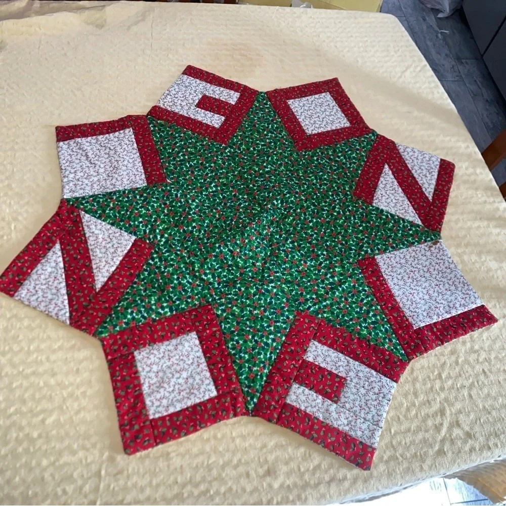 Quilted Christmas “NOEL” Petal Star Table Topper Centerpiece Reversible Vtg ~26